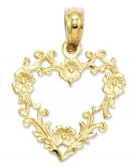 Sweet flowers form a romantic pattern on this pretty heart-shaped charm. Crafted in 14k gold. Chain not included. Approximate length: 7/10 inch. Approximate width: 3/5 inch. Sweet flowers form a romantic pattern on this pretty heart-shaped charm. Crafted in 14k gold. Chain not included. Approximate length: 7/10 inch. Approximate width: 3/5 inch.