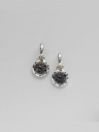 Delicate carved drops are inset with sparkling rounds of pavé black sapphires. Sterling silver settings Post backings Made in Bali