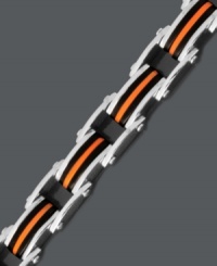 Take your look to the edge with this sporty bike chain bracelet. Crafted in stainless steel with bright orange and black rubber accents. Approximate length: 8-1/2 inches. Take your look to the edge with this sporty bike chain bracelet. Crafted in stainless steel with bright orange and black rubber accents. Approximate length: 8-1/2 inches.