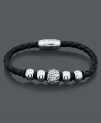 Good luck and good style. This polished men's style features stainless steel beads and clasp on a black leather band. Approximate length: 8-1/4 inches. Good luck and good style. This polished men's style features stainless steel beads and clasp on a black leather band. Approximate length: 8-1/4 inches.