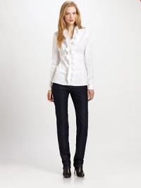 Inspired by the classic blouse, this stretch cotton design features lovely ruffles along the neckline and center.Ruffles along necklineLong sleevesButton cuffsPrincess seamsButton-front designAbout 25 from shoulder to hem72% cotton/23% polyamide/5% Lycra®Dry cleanImported Model shown is 5'9½ (176cm) wearing US size 4. Inspired by the classic blouse, this stretch cotton design features lovely ruffles along the neckline and center.Ruffles along necklineLong sleevesButton cuffsPrincess seamsButton-front designAbout 25 from shoulder to hem72% cotton/23% polyamide/5% Lycra®Dry cleanImported Model shown is 5'9½ (176cm) wearing US size 4.