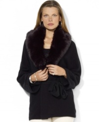 A plush detachable faux-fur collar lends luxurious style to Lauren Ralph Lauren's soft knit wrap cardigan with modern dolman sleeves. A plush detachable faux-fur collar lends luxurious style to Lauren Ralph Lauren's soft knit wrap cardigan with modern dolman sleeves.