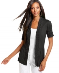 A slub-style texture gives INC's open front cardigan casual-cool character while a ruched front placket is a polished finishing touch. A slub-style texture gives INC's open front cardigan casual-cool character while a ruched front placket is a polished finishing touch.