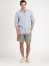 EXCLUSIVELY OURS. Remain cool inside and outside of the office when sporting this summer classic sportshirt, expertly tailored in striped linen for an effortlessly stylish look.Button-frontLinenHand washImported EXCLUSIVELY OURS. Remain cool inside and outside of the office when sporting this summer classic sportshirt, expertly tailored in striped linen for an effortlessly stylish look.Button-frontLinenHand washImported