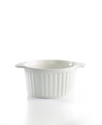Elegance from oven to table. This French onion baker from Martha Stewart Collection boasts a radiant sheen and sublime durability in fluted white porcelain. Elegance from oven to table. This French onion baker from Martha Stewart Collection boasts a radiant sheen and sublime durability in fluted white porcelain.