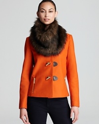 The preppy silhouette of a classic MICHAEL Michael Kors Petites jacket gets a polished update with a plush faux-fur collar for an unmistakably chic approach to the cold-weather season. The preppy silhouette of a classic MICHAEL Michael Kors Petites jacket gets a polished update with a plush faux-fur collar for an unmistakably chic approach to the cold-weather season.