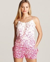 A red hot camisole and tap pant sent with floral print and ruffle trim. A red hot camisole and tap pant sent with floral print and ruffle trim.