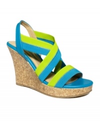 Turn up the style: CL by Laundry's In Stride wedge sandals offer a hint of excitement at your feet. Criss-cross straps and a cork wedge heel finish the look. Turn up the style: CL by Laundry's In Stride wedge sandals offer a hint of excitement at your feet. Criss-cross straps and a cork wedge heel finish the look.