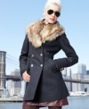 Keep your style even cooler than the weather with Betsey Johnson's double-breasted coat. Wear it with or without the luxurious, detachable faux-fur collar!