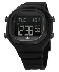Power through any activity with this ultra-sleek sports watch from adidas. Black polyurethane strap and rectangular polycarbonate case. Black negative display digital dial with ten-lap memory, timer, chronograph, date and alarm. Quartz movement. Water resistant to 50 meters. Two-year limited warranty. Power through any activity with this ultra-sleek sports watch from adidas. Black polyurethane strap and rectangular polycarbonate case. Black negative display digital dial with ten-lap memory, timer, chronograph, date and alarm. Quartz movement. Water resistant to 50 meters. Two-year limited warranty.