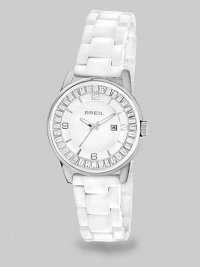 From the Orchestra Collection. Beautiful, baguette Swarovski crystals and glossy ceramic accent this classic, stainless steel timepiece. Quartz movementWater resistant to 10 ATMRound stainless steel case, 40.5mm (1.6) Swarovski crystal accented bezelWhite dialBar and numeric hour markersDate display at 3 o'clockSecond hand White ceramic link braceletImported From the Orchestra Collection. Beautiful, baguette Swarovski crystals and glossy ceramic accent this classic, stainless steel timepiece. Quartz movementWater resistant to 10 ATMRound stainless steel case, 40.5mm (1.6) Swarovski crystal accented bezelWhite dialBar and numeric hour markersDate display at 3 o'clockSecond hand White ceramic link braceletImported