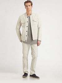Not your everyday jean jacket, this ultra-cool topper is given a stylish update in a crisp, clean hue with sumptuous leather detail.Hidden buttonfrontFront flap pocketsButtoned cuffsCottonDry cleanImported Not your everyday jean jacket, this ultra-cool topper is given a stylish update in a crisp, clean hue with sumptuous leather detail.Hidden buttonfrontFront flap pocketsButtoned cuffsCottonDry cleanImported