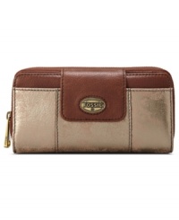 Expect the unexpected with this cool-as-can-be metallic leather clutch from Fossil that exhibits a mod-vintage aesthetic. The exquisitely organized interiors is aligned with plenty of slots and compartments to keep your essentials safe--simply slip under your arm and go.