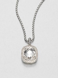 From the Noblesse Collection. A beautifully faceted rectangular white topaz surrounded in dazzling diamond set in sterling silver on a box link chain. White topazDiamonds, .3 tcwSterling silverLength, about 17Pendant size, about .5Lobster clasp closureImported 