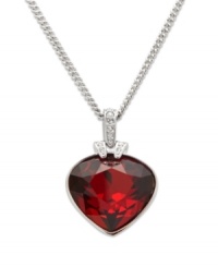 Emphasize your romantic side. Swarovski's eye-catching chestnut-cut Light Siam crystal combines with clear crystal details in a pavé setting. Pendant hangs from a silver tone mixed metal curb chain. Approximate length: 15-3/4 inches. Approximate drop: 1-1/2 inches. Emphasize your romantic side. Swarovski's eye-catching chestnut-cut Light Siam crystal combines with clear crystal details in a pavé setting. Pendant hangs from a silver tone mixed metal curb chain. Approximate length: 15-3/4 inches. Approximate drop: 1-1/2 inches.