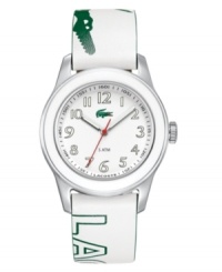 Slip on iconic style with this versatile watch by Lacoste. Logo-embossed white leather strap and round stainless steel case. White dial with numerals and logo. Quartz movement. Water resistant to 30 meters. Two-year limited warranty. Slip on iconic style with this versatile watch by Lacoste. Logo-embossed white leather strap and round stainless steel case. White dial with numerals and logo. Quartz movement. Water resistant to 30 meters. Two-year limited warranty.