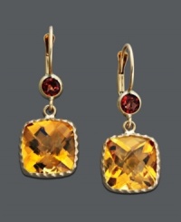 Add a touch of sparkle in warm tones. These dazzling drop earrings feature cushion-cut citrine (8-1/5 ct. t.w.) and round-cut garnet (3/4 ct. t.w.) set in 14k gold. Approximate drop: 1 inch. Add a touch of sparkle in warm tones. These dazzling drop earrings feature cushion-cut citrine (8-1/5 ct. t.w.) and round-cut garnet (3/4 ct. t.w.) set in 14k gold. Approximate drop: 1 inch.