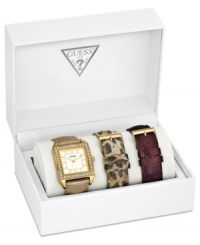Keep a touch of sparkle on you at all times with this interchangeable watch set from GUESS. Includes three leather straps and one watch case. Keep a touch of sparkle on you at all times with this interchangeable watch set from GUESS. Includes three leather straps and one watch case.