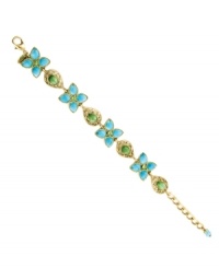 Spruce up your style just in time for spring! 2028's fresh, new bracelet features sparkling blue zircon and green crystals set in brass tone mixed metal. Approximate length: 6 inches. Spruce up your style just in time for spring! 2028's fresh, new bracelet features sparkling blue zircon and green crystals set in brass tone mixed metal. Approximate length: 6 inches.