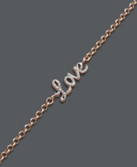 Add a little love. Studio Silver's delicate style can be worn alone to make a romantic statement, or paired with other sweet designs for a trendy layered effect. Bracelet crafted in 18k rose gold over sterling silver features the cursive word Love with a unique, diamond-cut design. Approximate length: 7-1/4 inches. Add a little love. Studio Silver's delicate style can be worn alone to make a romantic statement, or paired with other sweet designs for a trendy layered effect. Bracelet crafted in 18k rose gold over sterling silver features the cursive word Love with a unique, diamond-cut design. Approximate length: 7-1/4 inches.