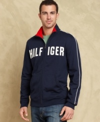 Let this sporty track jacket from Tommy Hilfiger set the pace for your fall style. Let this sporty track jacket from Tommy Hilfiger set the pace for your fall style.