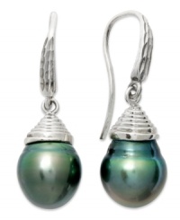 Richly colored and precisely detailed, these cultured Tahitian pearl earrings (10-11 mm) add an element of elegance and sophistication to any look. Set in sterling silver. Approximate drop: 1 inch.