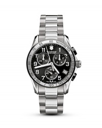 A stylish black dial with three-eye functionality and chronograph movement is offset by gleaming stainless steel in this contemporary timepiece from Victorinox. A stylish black dial with three-eye functionality and chronograph movement is offset by gleaming stainless steel in this contemporary timepiece from Victorinox.