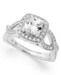 Stun her with standout sparkle. This beautiful cushion-cut diamond engagement ring (1-5/8 ct. t.w.) shines in a platinum setting, while round-cut diamonds adorn a unique crisscross band. Stun her with standout sparkle. This beautiful cushion-cut diamond engagement ring (1-5/8 ct. t.w.) shines in a platinum setting, while round-cut diamonds adorn a unique crisscross band.