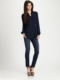 Keep it cool in a featherweight silk shirt with bishop sleeves, front patch pockets and a lengthy silhouette. Button frontFront patch pocketsLong bishop sleeves with buttoned cuffsLonger length hits below the hipsSilkDry cleanImportedModel shown is 5'10 (177cm) wearing US size Small. Keep it cool in a featherweight silk shirt with bishop sleeves, front patch pockets and a lengthy silhouette. Button frontFront patch pocketsLong bishop sleeves with buttoned cuffsLonger length hits below the hipsSilkDry cleanImportedModel shown is 5'10 (177cm) wearing US size Small.
