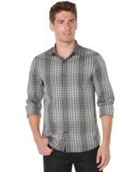 No one reads the small print–bigger is better with this large plaid shirt from Perry Ellis in a modern slim fit. (Clearance)