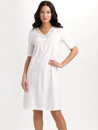 From the Moments collection, this ultra-fine, mercerized cotton knit is accented with soft stretch lace.Lace V neckline with shirring Short sleeves About 39¼ from shoulder to hem Mercerized cotton Machine wash Imported From the Moments collection, this ultra-fine, mercerized cotton knit is accented with soft stretch lace.Lace V neckline with shirring Short sleeves About 39¼ from shoulder to hem Mercerized cotton Machine wash Imported
