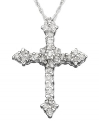 This beautiful cross pendant is gracefully adorned with round-cut diamonds (1/2 ct. t.w.) set in 14k white gold. Drop measures approximately 1 inch. Chain measures 18 inches. This beautiful cross pendant is gracefully adorned with round-cut diamonds (1/2 ct. t.w.) set in 14k white gold. Drop measures approximately 1 inch. Chain measures 18 inches.