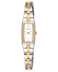 Beautiful for any occasion, this women's watch from Pulsar glistens with two tones. Stainless steel silvertone bracelet and rectangular case with goldtone accents. Rectangular white dial with logo and stick indices. Quartz movement. Three-year limited warranty. Beautiful for any occasion, this women's watch from Pulsar glistens with two tones. Stainless steel silvertone bracelet and rectangular case with goldtone accents. Rectangular white dial with logo and stick indices. Quartz movement. Three-year limited warranty.