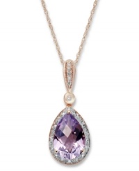 Add sweet femininity to your look. This stunning pendant features pear-cut amethyst (2-3/4 ct. t.w.) along with sparkling diamond accents. Set in 14k rose gold. Approximate length: 18 inches. Approximate drop: 6/10 inch. Add sweet femininity to your look. This stunning pendant features pear-cut amethyst (2-3/4 ct. t.w.) along with sparkling diamond accents. Set in 14k rose gold. Approximate length: 18 inches. Approximate drop: 6/10 inch.