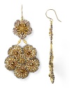 An ornate floral design formed from beautiful 14-karat gold, Swarovski crystals, and glass beads, Miguel Ases' drop earrings are a captivating jewelry choice.