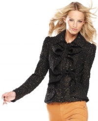 Add some texture to your wardrobe with INC's metallic-flecked boucle tweed jacket. The ruffles in front give this piece a soft, feminine look. Add some texture to your wardrobe with INC's metallic-flecked boucle tweed jacket. The ruffles in front give this piece a soft, feminine look.