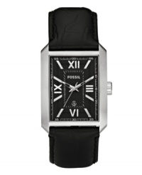 Command attention in the boardroom or the ballroom with this handsome Franklin collection watch by Fossil. Black croc-embossed leather strap and rectangular stainless steel case. Black dial features silvertone Roman numerals at twelve, three, six and nine o'clock, luminous stick indices and hands, date window at six o'clock and logo. Quartz movement. Water resistant to 50 meters. Eleven-year limited warranty. Command attention in the boardroom or the ballroom with this handsome Franklin collection watch by Fossil. Black croc-embossed leather strap and rectangular stainless steel case. Black dial features silvertone Roman numerals at twelve, three, six and nine o'clock, luminous stick indices and hands, date window at six o'clock and logo. Quartz movement. Water resistant to 50 meters. Eleven-year limited warranty.