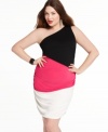Get party-perfect style with Extra Touch's one-shoulder plus size dress, finished by a colorblocked pattern.