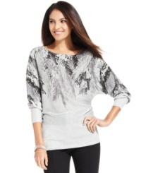 Alfani's petite sweater gets a season-perfect boost from a fir-inspired placed print and a metallic knit.