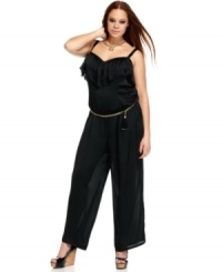 Make it a night out to remember with Baby Phat's sleeveless plus size jumpsuit! The satiny fabric contrasts perfectly with the metal chain belt! (Clearance) Make it a night out to remember with Baby Phat's sleeveless plus size jumpsuit! The satiny fabric contrasts perfectly with the metal chain belt! (Clearance)
