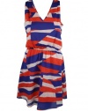 Aqua Womens Red White Blue Abstract Geometric V Neck Sleeveless Dress S