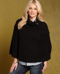 Cozy into Tommy Hilfiger's chic poncho. Featuring textured knit and a slim silhouette, it adds the right touch of drama to any day. Cozy into Tommy Hilfiger's chic poncho. Featuring textured knit and a slim silhouette, it adds the right touch of drama to any day.