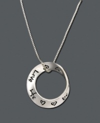 A constant reminder to live a life filled with love and courage, this sterling silver pendant features the words Love Life, and Be Brave, engraved on an open-circle. Approximate length: 18 inches. Approximate drop: 3/4 inch.