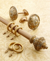 A bright, instant update, the Loire window drapery rod features carved medallions in a rich gold finish. Subtle darkened details and intricate beading around the finial present a decidedly regal accent to any traditional setting. A bright, instant update, the Loire window drapery rod features carved medallions in a rich gold finish. Subtle darkened details and intricate beading around the finial present a decidedly regal accent to any traditional setting.