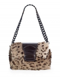 THE LOOKRectangular silhouette of leopard printed kangaroo furMagnetic flap with leather strap tab closureHandmade wood shoulder chainOne outside open pocketThree center compartmentsOne inside zip pocketOne inside open pocket with metal logoTHE FITShoulder chain, 11 drop13½W X 8½H X 2DTHE MATERIALPrinted kangaroo furLeatherMicrofiber liningORIGINMade in Italy THE LOOKRectangular silhouette of leopard printed kangaroo furMagnetic flap with leather strap tab closureHandmade wood shoulder chainOne outside open pocketThree center compartmentsOne inside zip pocketOne inside open pocket with metal logoTHE FITShoulder chain, 11 drop13½W X 8½H X 2DTHE MATERIALPrinted kangaroo furLeatherMicrofiber liningORIGINMade in Italy
