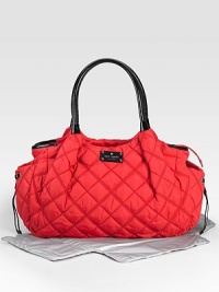 It looks like an elegant tote but it's really a full-featured baby bag with places for everything you and your little one need when you're out and about.Double top handles, 6¾ drop Top zip closure Stroller clips Two outside bottle pockets Two inside open pockets One inside zip pocket Diaper compartment Includes changing pad and coin purse Waterproof lining Jersey-backed nylon with patent leather trim14W X 11¾H X 5D Imported It looks like an elegant tote but it's really a full-featured baby bag with places for everything you and your little one need when you're out and about.Double top handles, 6¾ drop Top zip closure Stroller clips Two outside bottle pockets Two inside open pockets One inside zip pocket Diaper compartment Includes changing pad and coin purse Waterproof lining Jersey-backed nylon with patent leather trim14W X 11¾H X 5D Imported