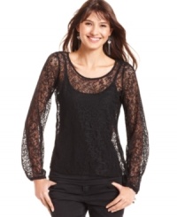 Elevated for day and just right for night, Planet Gold's long sleeve top features a crochet overlay for pretty-in-knit style. Elevated for day and just right for night, Planet Gold's long sleeve top features a crochet overlay for pretty-in-knit style.