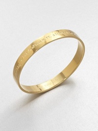 A radiant 12k goldplated design with a inspiring message. 12K goldplated zincDiameter, about 2.5Slip-on styleImported 