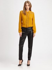 Command attention in glossy leather pants with zippered slash pockets and edgy back cuffs. THE FITMedium rise, about 9½Inseam, about 27THE DETAILSHook-and-eye closureZip flyZippered front slash pocketsZippered back cuffsLeatherDry clean with leather specialistImportedModel shown is 5'9 (175cm) wearing US size 0. Command attention in glossy leather pants with zippered slash pockets and edgy back cuffs. THE FITMedium rise, about 9½Inseam, about 27THE DETAILSHook-and-eye closureZip flyZippered front slash pocketsZippered back cuffsLeatherDry clean with leather specialistImportedModel shown is 5'9 (175cm) wearing US size 0.
