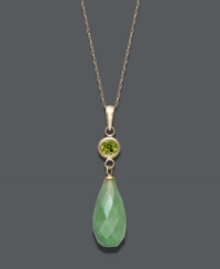 Serene and stylish. This tranquil pendant features a faceted jade teardrop (18 mm x 8 mm) accented by a sparkling, round-cut peridot (1 ct. t.w.). Setting and chain crafted in 14k gold. Approximate length: 18 inches. Approximate drop: 1-1/4 inches. Serene and stylish. This tranquil pendant features a faceted jade teardrop (18 mm x 8 mm) accented by a sparkling, round-cut peridot (1 ct. t.w.). Setting and chain crafted in 14k gold. Approximate length: 18 inches. Approximate drop: 1-1/4 inches.